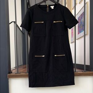 J. Crew Black and Gold Sheath Mini Dress V-Neck Short Sleeve